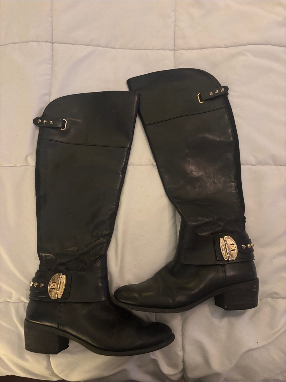 Vince Camuto size 9 Black Leather Knee-High Riding Boots with Buckle Detail